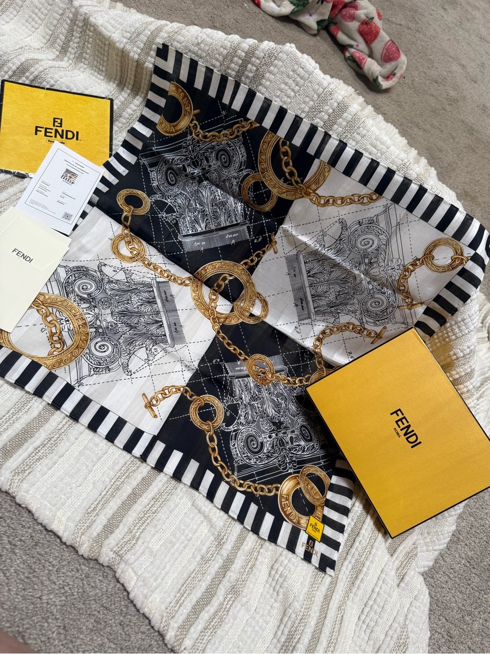 Fendi Black, White & Gold Chain-Print Silk Scarf